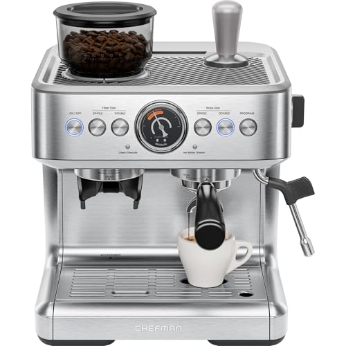 Chefman Crema Supreme 15 Bar Espresso Machine with Milk Frother, Barista Steam Wand, Professional Coffee Maker with Coffee Grinder, 30 Grind Settings, 3L Removable Water Tank - Stainless Steel - My Kitchen Products