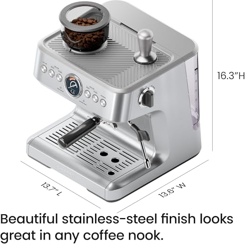 Chefman Crema Supreme 15 Bar Espresso Machine with Milk Frother, Barista Steam Wand, Professional Coffee Maker with Coffee Grinder, 30 Grind Settings, 3L Removable Water Tank - Stainless Steel - My Kitchen Products