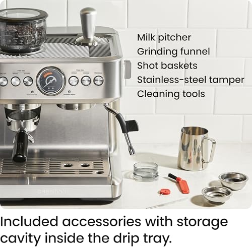 Chefman Crema Supreme 15 Bar Espresso Machine with Milk Frother, Barista Steam Wand, Professional Coffee Maker with Coffee Grinder, 30 Grind Settings, 3L Removable Water Tank - Stainless Steel - My Kitchen Products
