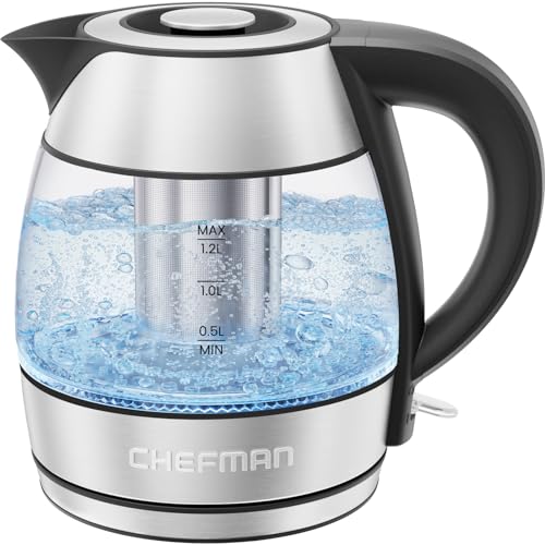 CHEFMAN Electric Kettle - 1.2L 1500W Hot Water Tea Pot with Infuser, BPA Free, Auto Shut Off, Boil-Dry Protection, Removable Lid, LED Light, Cordless Glass Electric Tea Kettle – Stainless Steel - My Kitchen Products