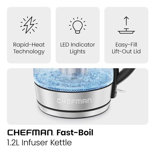 CHEFMAN Electric Kettle - 1.2L 1500W Hot Water Tea Pot with Infuser, BPA Free, Auto Shut Off, Boil-Dry Protection, Removable Lid, LED Light, Cordless Glass Electric Tea Kettle – Stainless Steel - My Kitchen Products