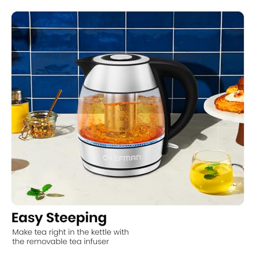 CHEFMAN Electric Kettle - 1.2L 1500W Hot Water Tea Pot with Infuser, BPA Free, Auto Shut Off, Boil-Dry Protection, Removable Lid, LED Light, Cordless Glass Electric Tea Kettle – Stainless Steel - My Kitchen Products
