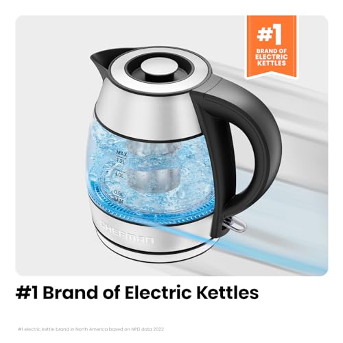 CHEFMAN Electric Kettle - 1.2L 1500W Hot Water Tea Pot with Infuser, BPA Free, Auto Shut Off, Boil-Dry Protection, Removable Lid, LED Light, Cordless Glass Electric Tea Kettle – Stainless Steel - My Kitchen Products