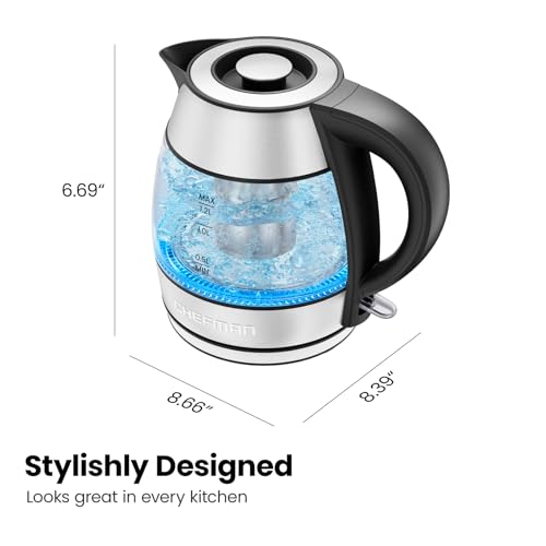 CHEFMAN Electric Kettle - 1.2L 1500W Hot Water Tea Pot with Infuser, BPA Free, Auto Shut Off, Boil-Dry Protection, Removable Lid, LED Light, Cordless Glass Electric Tea Kettle – Stainless Steel - My Kitchen Products