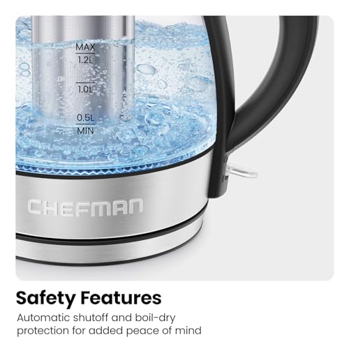 CHEFMAN Electric Kettle - 1.2L 1500W Hot Water Tea Pot with Infuser, BPA Free, Auto Shut Off, Boil-Dry Protection, Removable Lid, LED Light, Cordless Glass Electric Tea Kettle – Stainless Steel - My Kitchen Products