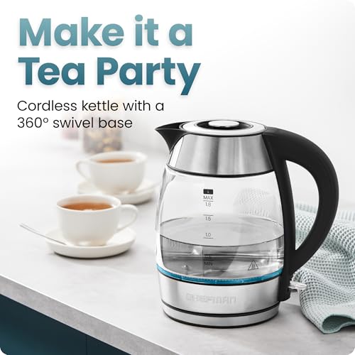 Chefman Electric Kettle 1500W, 1.8L Hot Water Boiler, Removable Lid for Easy Cleaning, LED Indicators, Auto Shutoff & Boil-Dry Protection, Borosilicate Glass Electric Tea Kettle – Stainless Steel - My Kitchen Products