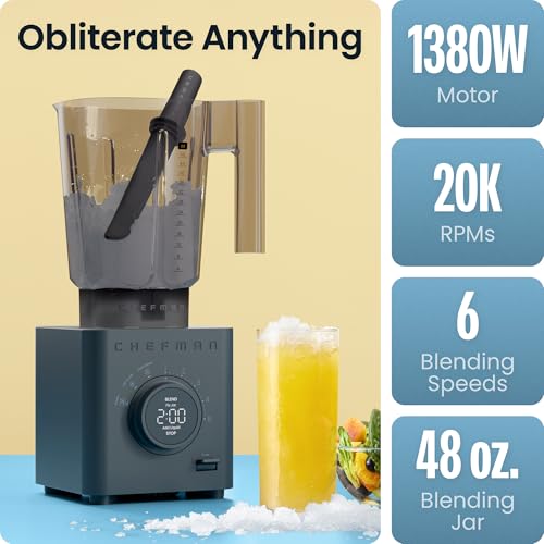 Chefman Obliterator 48 oz Countertop Blender for Smoothies, 1380W Motor to Crush Ice, Nuts, and Frozen Fruit with Stainless Steel Blade, Auto Blend Function, Includes Tamper and Scraper - My Kitchen Products