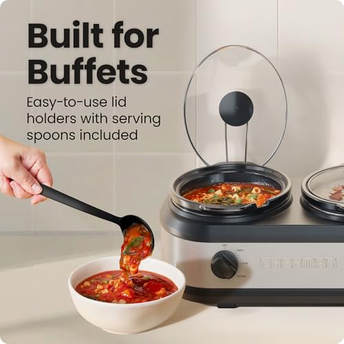 Chefman Triple Slow Cooker & Food Warmer, Three Crock Slowcooker with 2.5 Qt. Ceramic Crocks, 7.5-Quart Total Capacity, PFAS-Free, Three Temperature Settings, Dishwasher-Safe Parts – Stainless Steel - My Kitchen Products