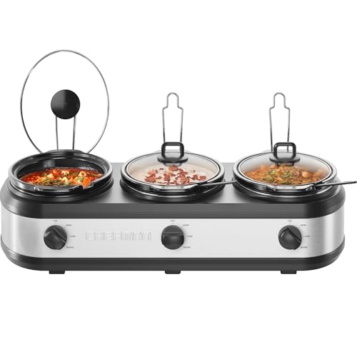Chefman Triple Slow Cooker & Food Warmer, Three Crock Slowcooker with 2.5 Qt. Ceramic Crocks, 7.5-Quart Total Capacity, PFAS-Free, Three Temperature Settings, Dishwasher-Safe Parts – Stainless Steel - My Kitchen Products