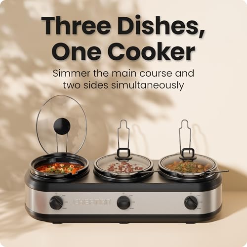 Chefman Triple Slow Cooker & Food Warmer, Three Crock Slowcooker with 2.5 Qt. Ceramic Crocks, 7.5-Quart Total Capacity, PFAS-Free, Three Temperature Settings, Dishwasher-Safe Parts – Stainless Steel - My Kitchen Products