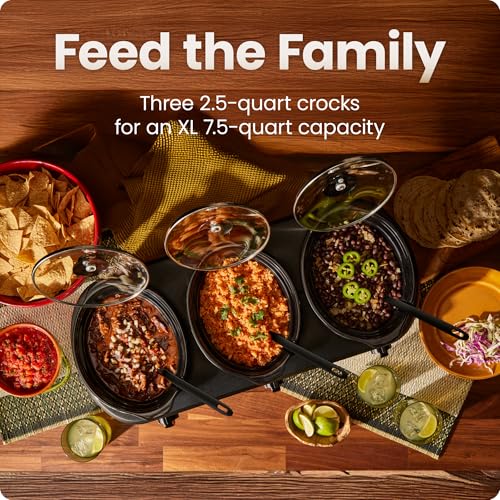 Chefman Triple Slow Cooker & Food Warmer, Three Crock Slowcooker with 2.5 Qt. Ceramic Crocks, 7.5-Quart Total Capacity, PFAS-Free, Three Temperature Settings, Dishwasher-Safe Parts – Stainless Steel - My Kitchen Products
