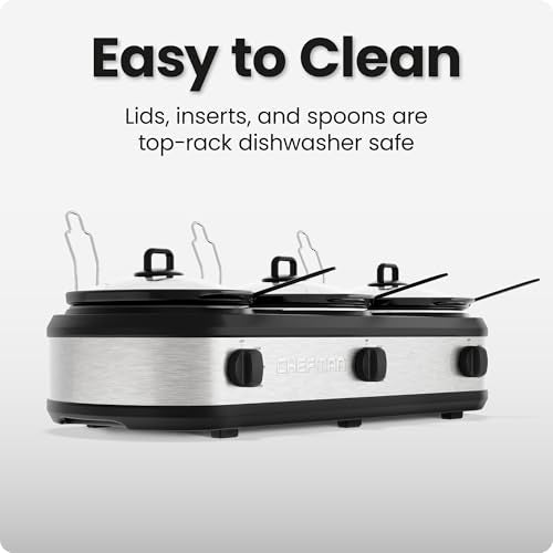 Chefman Triple Slow Cooker & Food Warmer, Three Crock Slowcooker with 2.5 Qt. Ceramic Crocks, 7.5-Quart Total Capacity, PFAS-Free, Three Temperature Settings, Dishwasher-Safe Parts – Stainless Steel - My Kitchen Products