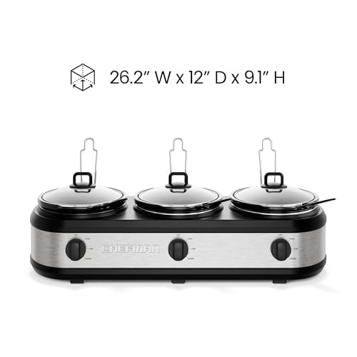 Chefman Triple Slow Cooker & Food Warmer, Three Crock Slowcooker with 2.5 Qt. Ceramic Crocks, 7.5-Quart Total Capacity, PFAS-Free, Three Temperature Settings, Dishwasher-Safe Parts – Stainless Steel - My Kitchen Products