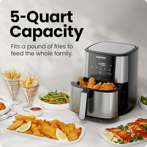 Chefman TurboFry Touch Air Fryer, Large 5-Quart Family Size, One Touch Digital Control Presets, French Fries, Chicken, Meat, Fish, Nonstick Dishwasher-Safe Parts, Automatic Shutoff, Stainless Steel - My Kitchen Products