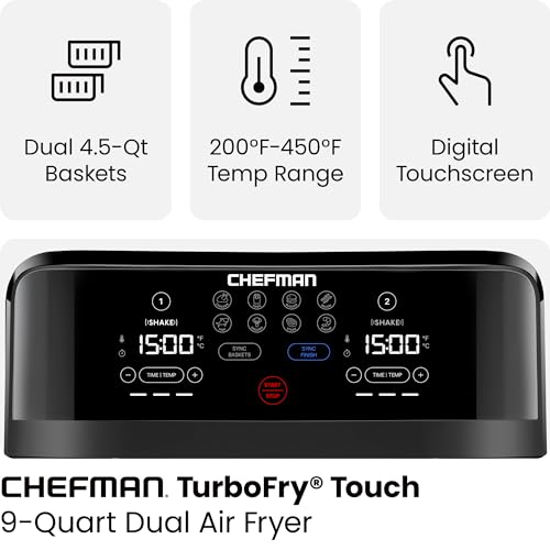 Chefman TurboFry Touch Dual Air Fryer, Maximize The Healthiest Meals With Double Basket Capacity, One-Touch Digital Controls And Shake Reminder For The Perfect Crispy And Low-Calorie Finish - My Kitchen Products