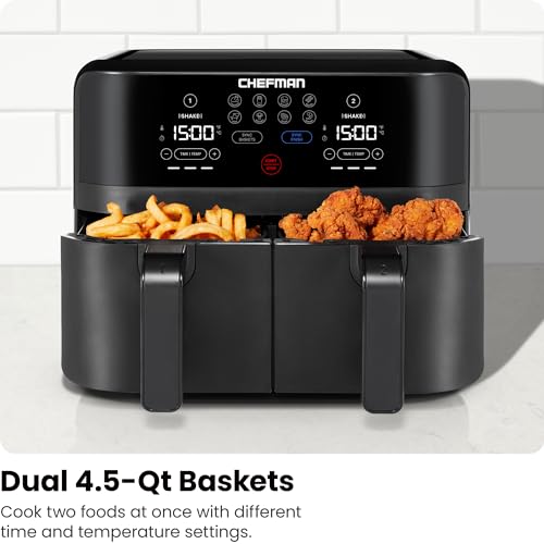 Chefman TurboFry Touch Dual Air Fryer, Maximize The Healthiest Meals With Double Basket Capacity, One-Touch Digital Controls And Shake Reminder For The Perfect Crispy And Low-Calorie Finish - My Kitchen Products