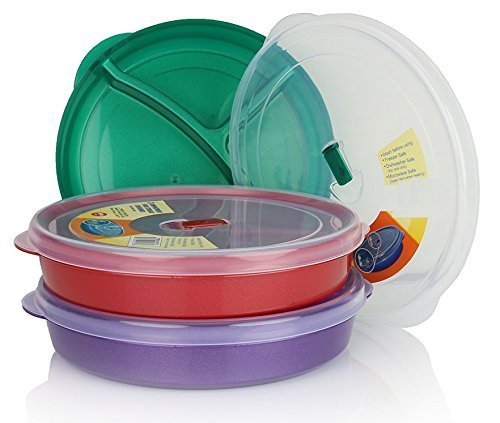 Chef's Choice Regent Products (Set of 3) Microwave Food Storage Tray Containers - 3 Section/Compartment Divided Plates w/Vented Lid - My Kitchen Products