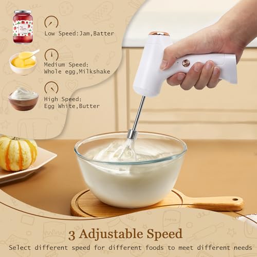 CHIDOYII Cordless Hand Mixer, Handheld Electric Whisk with 3 Speed Modes, Hand Held Egg Beater with 2 Detachable Stir Whisks (White) - My Kitchen Products