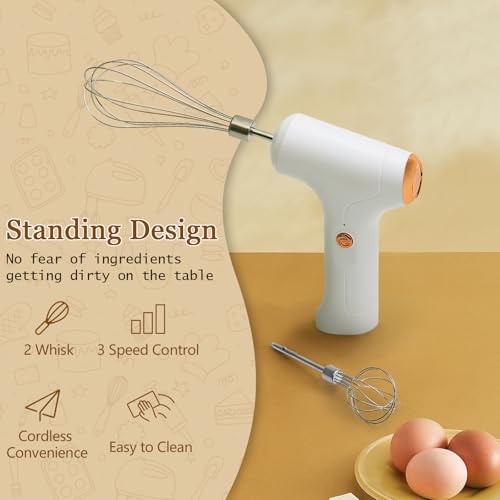 CHIDOYII Cordless Hand Mixer, Handheld Electric Whisk with 3 Speed Modes, Hand Held Egg Beater with 2 Detachable Stir Whisks (White) - My Kitchen Products
