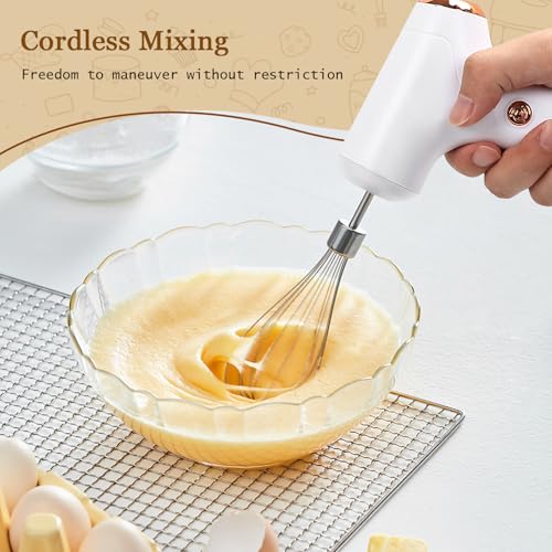 CHIDOYII Cordless Hand Mixer, Handheld Electric Whisk with 3 Speed Modes, Hand Held Egg Beater with 2 Detachable Stir Whisks (White) - My Kitchen Products