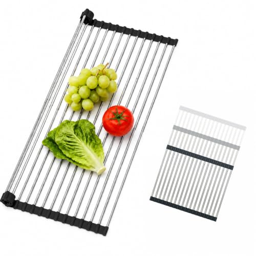 CHIRISEN Expandable Roll Up Dish Drying Rack Over the Sink Drying Rack for Kitchen Counter, Large Stainless Steel Dish Drainer Over Sink Dish Drying Rack Foldable, Collapsible, 21.14''x12'', 18Tube - My Kitchen Products