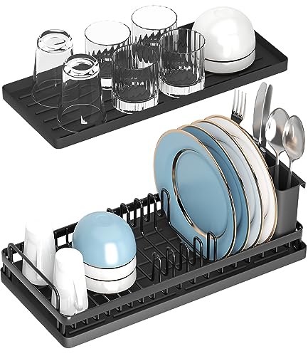 CHLORYARD Small Dish Drying Rack, Compact Sink Dish Drainer Plate Organizer with Utensil Holder and 2pcs Silicone Drying Mats for Kitchen Counter, RVs, Apartments - My Kitchen Products