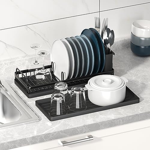 CHLORYARD Small Dish Drying Rack, Compact Sink Dish Drainer Plate Organizer with Utensil Holder and 2pcs Silicone Drying Mats for Kitchen Counter, RVs, Apartments - My Kitchen Products