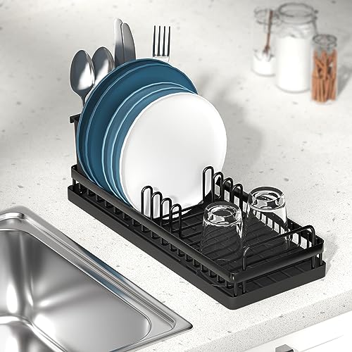CHLORYARD Small Dish Drying Rack, Compact Sink Dish Drainer Plate Organizer with Utensil Holder and 2pcs Silicone Drying Mats for Kitchen Counter, RVs, Apartments - My Kitchen Products