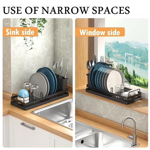 CHLORYARD Small Dish Drying Rack, Compact Sink Dish Drainer Plate Organizer with Utensil Holder and 2pcs Silicone Drying Mats for Kitchen Counter, RVs, Apartments - My Kitchen Products