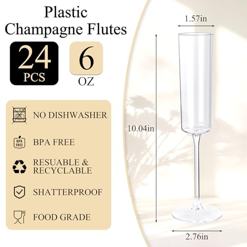 Ciaell 24 Pack Plastic Champagne Flutes - Clear 6 Oz Disposable Champagne Glasses - Square Plastic Toasting Glasses for Party Birthday Anniversary Wedding - My Kitchen Products