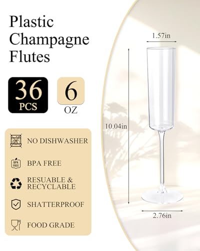 Ciaell 36 Pack Plastic Champagne Flutes - 6 Oz Disposable Champagne Glasses - Square Clear Plastic Toasting Glasses for Party Birthday Anniversary Wedding - My Kitchen Products
