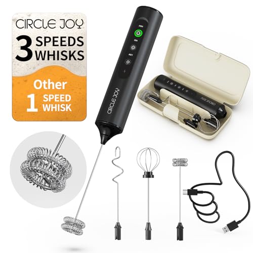 CIRCLE JOY Rechargeable Handheld Milk Frother Wand with 3 Variable Speeds, 3 Whisks and Storage Box, Electric Drink Mixer for Latte, Cappuccino, Hot Chocolate, Eggs and Protein Powder, Black - My Kitchen Products