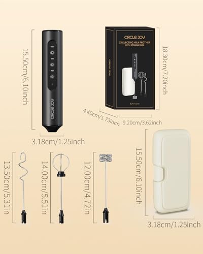 CIRCLE JOY Rechargeable Handheld Milk Frother Wand with 3 Variable Speeds, 3 Whisks and Storage Box, Electric Drink Mixer for Latte, Cappuccino, Hot Chocolate, Eggs and Protein Powder, Black - My Kitchen Products