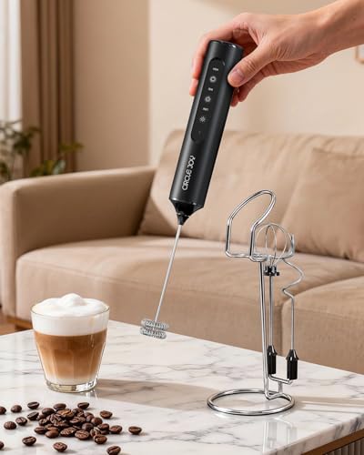 CIRCLE JOY Rechargeable Handheld Milk Frother Wand with Stand, 3 Variable Speeds, 3 Whisks and Storage Box, Electric Drink Mixer for Latte, Cappuccino, Hot Chocolate, Eggs and Protein Powder, Black - My Kitchen Products