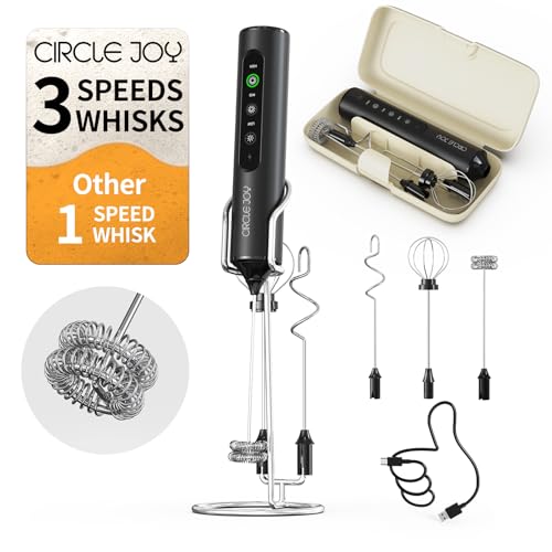 CIRCLE JOY Rechargeable Handheld Milk Frother Wand with Stand, 3 Variable Speeds, 3 Whisks and Storage Box, Electric Drink Mixer for Latte, Cappuccino, Hot Chocolate, Eggs and Protein Powder, Black - My Kitchen Products