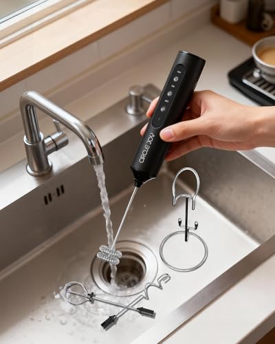 CIRCLE JOY Rechargeable Handheld Milk Frother Wand with Stand, 3 Variable Speeds, 3 Whisks and Storage Box, Electric Drink Mixer for Latte, Cappuccino, Hot Chocolate, Eggs and Protein Powder, Black - My Kitchen Products