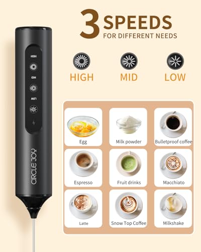 CIRCLE JOY Rechargeable Handheld Milk Frother Wand with Stand, 3 Variable Speeds, 3 Whisks and Storage Box, Electric Drink Mixer for Latte, Cappuccino, Hot Chocolate, Eggs and Protein Powder, Black - My Kitchen Products