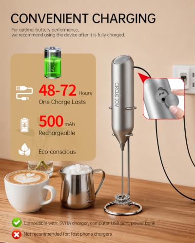 CIRCLE JOY Rechargeable Milk Frother Handheld with Stand, Dual Spring Whisk Electric Foam Maker, Detachable Hand Frother Wand Drink Mixer for Lattes, Cappuccino, Macchiato, Hot Chocolate, Silver - My Kitchen Products