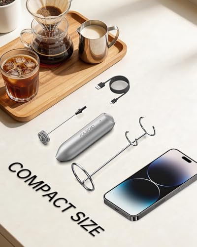 CIRCLE JOY Rechargeable Milk Frother Handheld with Stand, Dual Spring Whisk Electric Foam Maker, Detachable Hand Frother Wand Drink Mixer for Lattes, Cappuccino, Macchiato, Hot Chocolate, Silver - My Kitchen Products