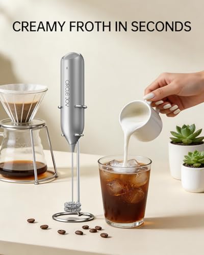 CIRCLE JOY Rechargeable Milk Frother Handheld with Stand, Dual Spring Whisk Electric Foam Maker, Detachable Hand Frother Wand Drink Mixer for Lattes, Cappuccino, Macchiato, Hot Chocolate, Silver - My Kitchen Products