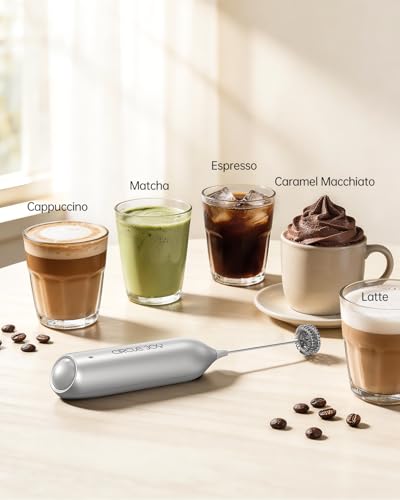 CIRCLE JOY Rechargeable Milk Frother Handheld with Stand, Dual Spring Whisk Electric Foam Maker, Detachable Hand Frother Wand Drink Mixer for Lattes, Cappuccino, Macchiato, Hot Chocolate, Silver - My Kitchen Products