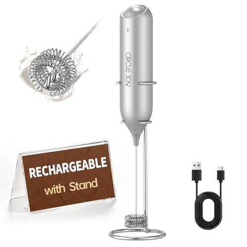 CIRCLE JOY Rechargeable Milk Frother Handheld with Stand, Dual Spring Whisk Electric Foam Maker, Detachable Hand Frother Wand Drink Mixer for Lattes, Cappuccino, Macchiato, Hot Chocolate, Silver - My Kitchen Products