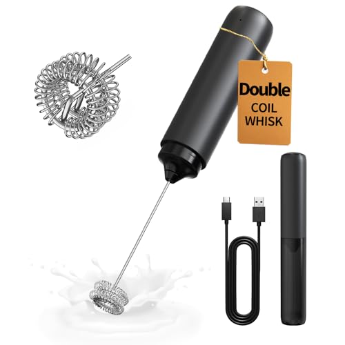 CIRCLE JOY Rechargeable Milk Frother Hanheld, Dual Coil Whisk Head Electric Coffee Frother, Portable Hand Frother Wand Drink Mixer for Matcha Lattes Cappuccino, Kitchen Gifts, Black - My Kitchen Products