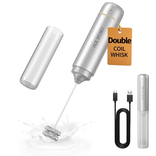 CIRCLE JOY Rechargeable Milk Frother Hanheld, Dual Coil Whisk Head Electric Coffee Frother, Portable Hand Frother Wand Drink Mixer for Matcha Lattes Cappuccino, Kitchen Gifts, Silver - My Kitchen Products