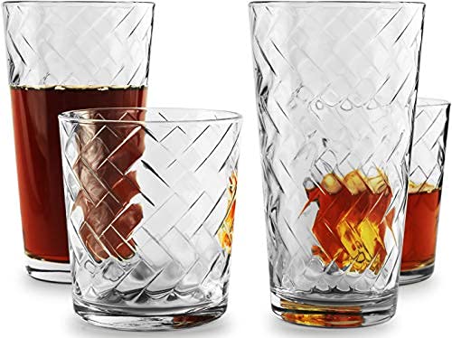 Circleware Chevron Huge 12-Piece Glassware Set of Highball Tumbler Drinking Glasses and Whiskey Cups for Water, Beer, Juice, Ice Tea Beverages, 6-15.75 oz & 6-12.5 oz, Clear - My Kitchen Products