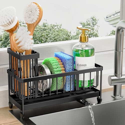 Cisily Sponge Holder for Kitchen Sink, Sink Caddy Organizer with High Brush Holder, Kitchen Countertop Organizers and Storage Essentials, Rustproof 304 Stainless Steel (Black, 9.25″) - My Kitchen Products