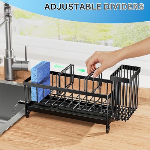Cisily Sponge Holder for Kitchen Sink, Sink Caddy Organizer with High Brush Holder, Kitchen Countertop Organizers and Storage Essentials, Rustproof 304 Stainless Steel (Black, 9.25″) - My Kitchen Products