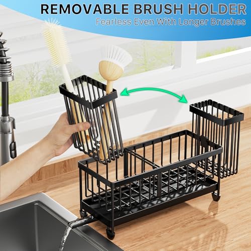 Cisily Sponge Holder for Kitchen Sink, Sink Caddy Organizer with High Brush Holder, Kitchen Countertop Organizers and Storage Essentials, Rustproof 304 Stainless Steel (Black, 9.25″) - My Kitchen Products