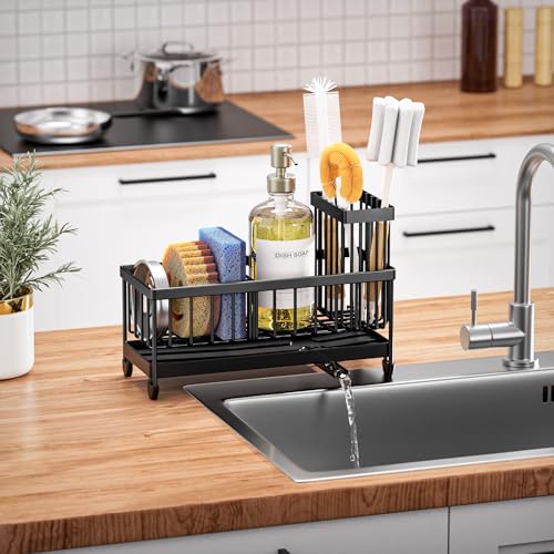Cisily Sponge Holder for Kitchen Sink, Sink Caddy Organizer with High Brush Holder, Kitchen Countertop Organizers and Storage Essentials, Rustproof 304 Stainless Steel (Black, 9.25″) - My Kitchen Products