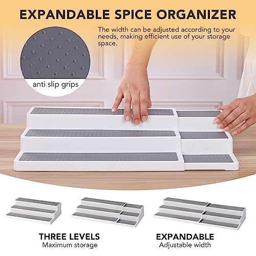 CiWiVOKi 3 Tier Expandable Spice Rack Organizer, White/Grey Plastic Spice Rack, Adjustable Length 14.6In-25.8In, 2 Pack Non-Skid Tiered Spice Shelf Organizer for Kitchen Cabinet, Cupboard, Pantry - My Kitchen Products